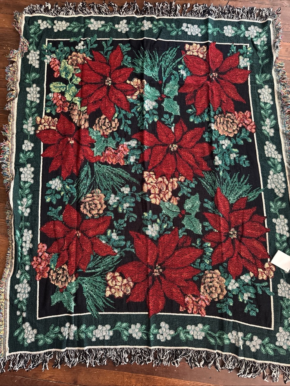 VTG Woven Tapestry 60”x50” Throw Blanket Poinsettia Manual Woodworkers Weavers